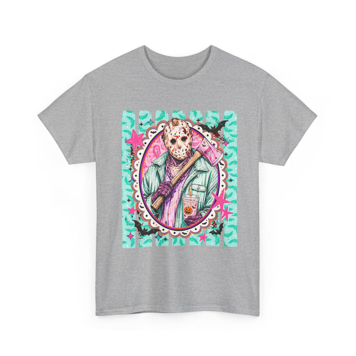 Hockey Mask Horror Portrait Tee — Retro Pastel Jason Graphic T-Shirt
