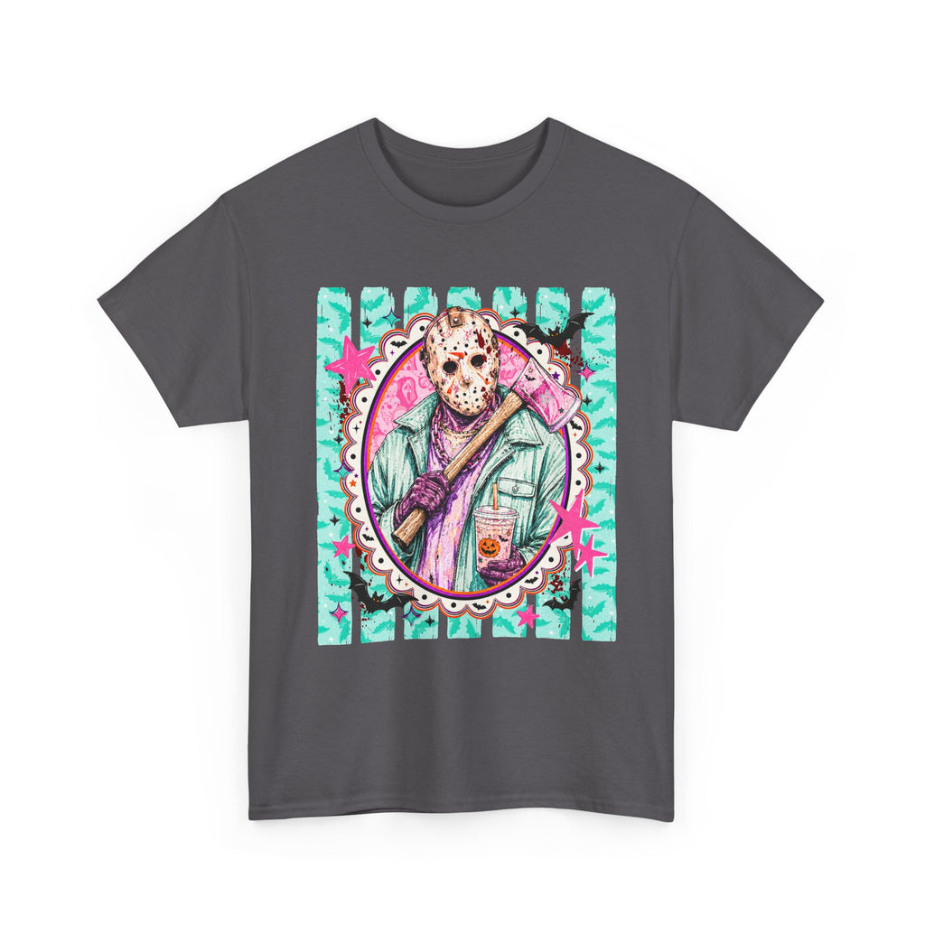 Hockey Mask Horror Portrait Tee — Retro Pastel Jason Graphic T-Shirt