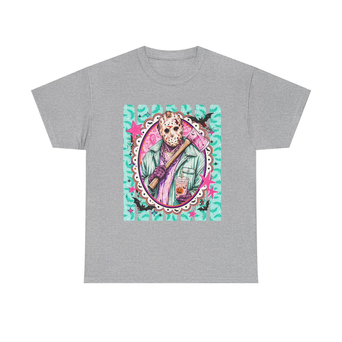 Hockey Mask Horror Portrait Tee — Retro Pastel Jason Graphic T-Shirt