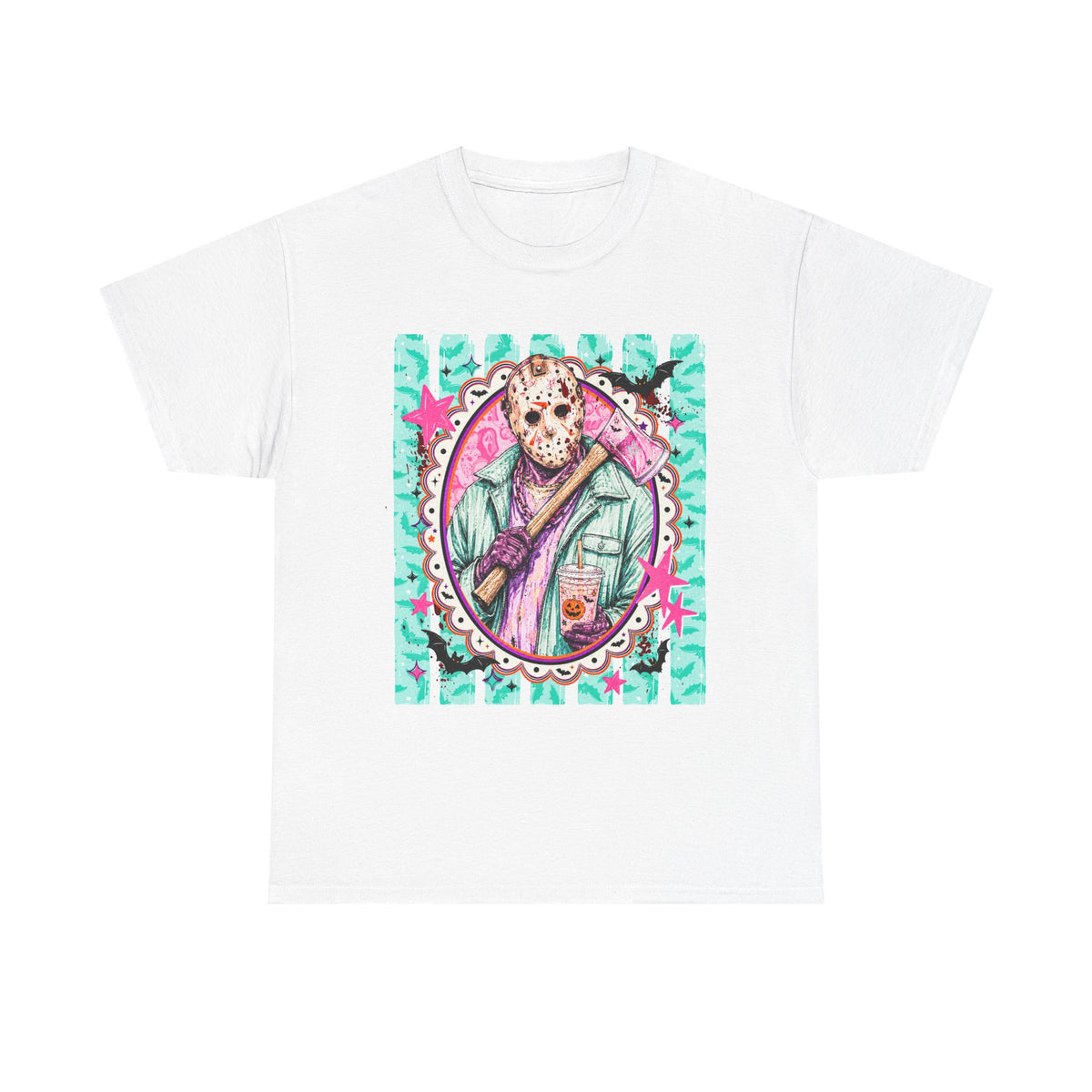 Hockey Mask Horror Portrait Tee — Retro Pastel Jason Graphic T-Shirt